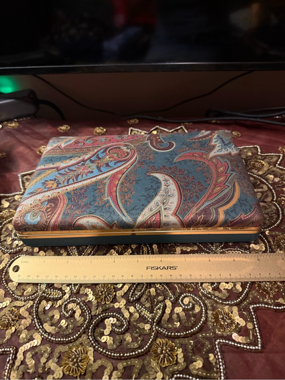 Paisley Patterned Jewelry or Trinket Box - Teal & Rust
